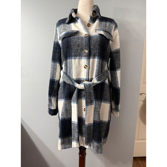 Miss Sparkle Jackets & Blazers - Plaid Belted Shacket Coat Navy White Size Large